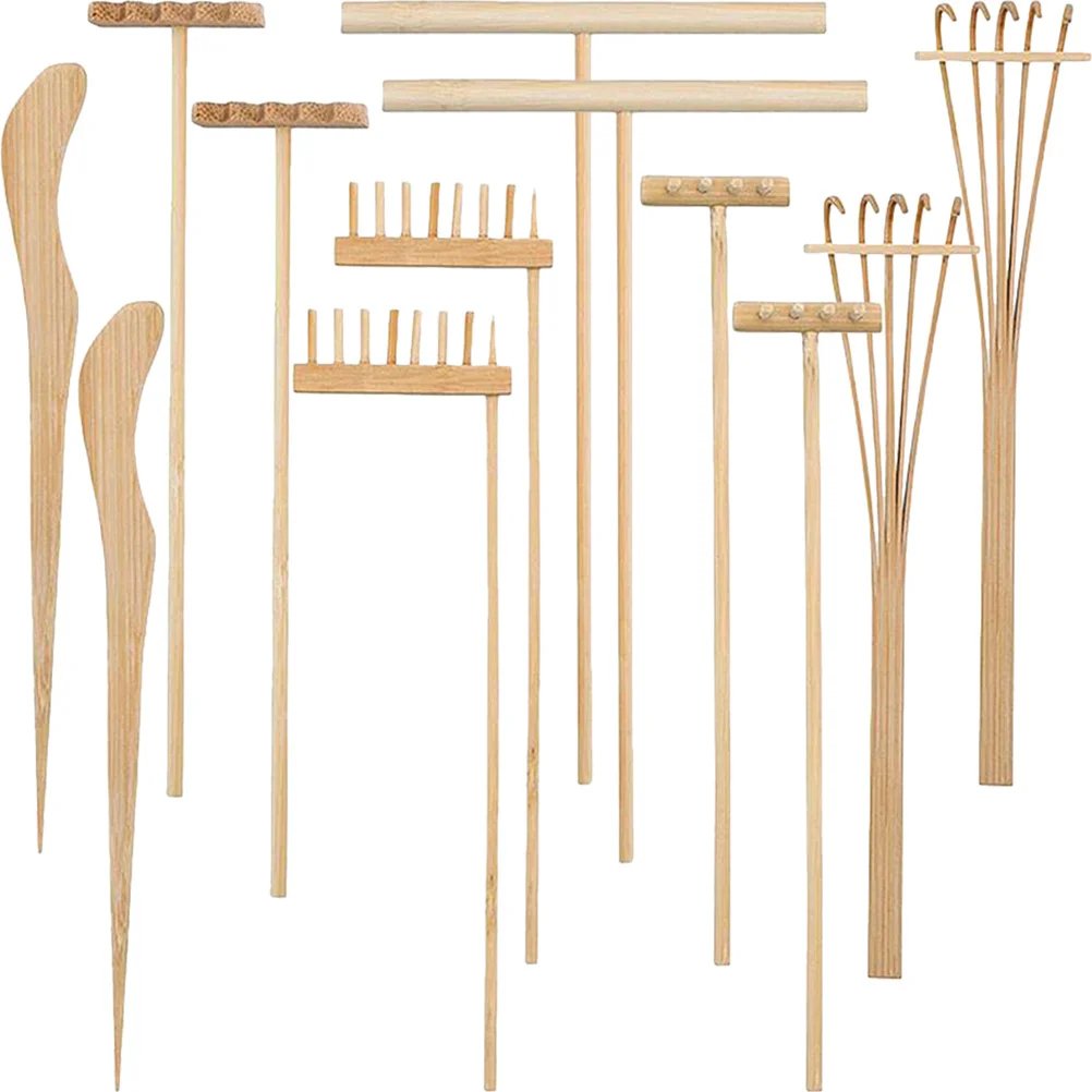 12 قطعة مجموعة أشعل النار الصغيرة المزخرفة مصنوعة من الخيزران الفاخر لطاولة الرمل لتقوم بها بنفسك تخطيط الحديقة سطح المكتب التأمل أدوات المناظر الطبيعية الصغيرة