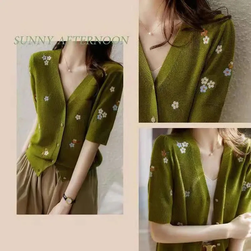 Summer New Loose Plus Size Cardigan V-Neck Thin Embroidered Floral Knit Top Green Small Fresh Casual Fashion Short Sleeve Top