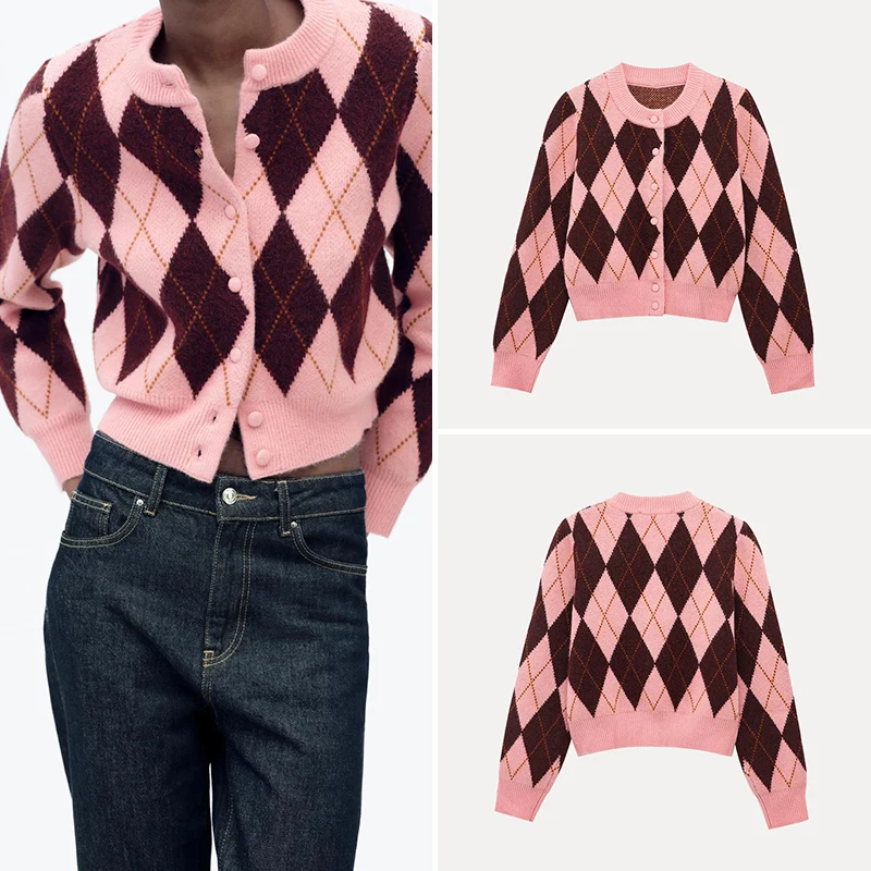 

Весенний новый модный женский вязаный свитер с ромбовидным узором и вышивкой Jaet Long Sve из полиэстера Z, брендовый вязаный свитер