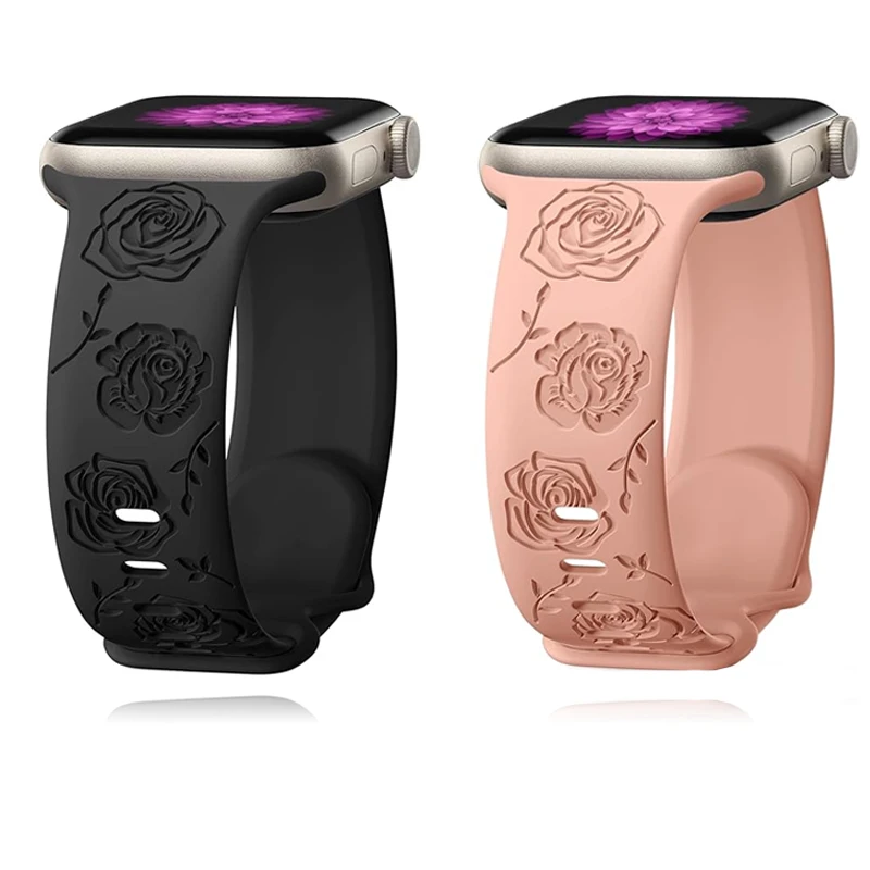 Rose Engraved Strap for Apple Watch Band 41mm 40 49mm 42mm 46mm 45mm 44mm Silicone Strap for iWatch Series 10 9 8 7 6 SE ultra 2