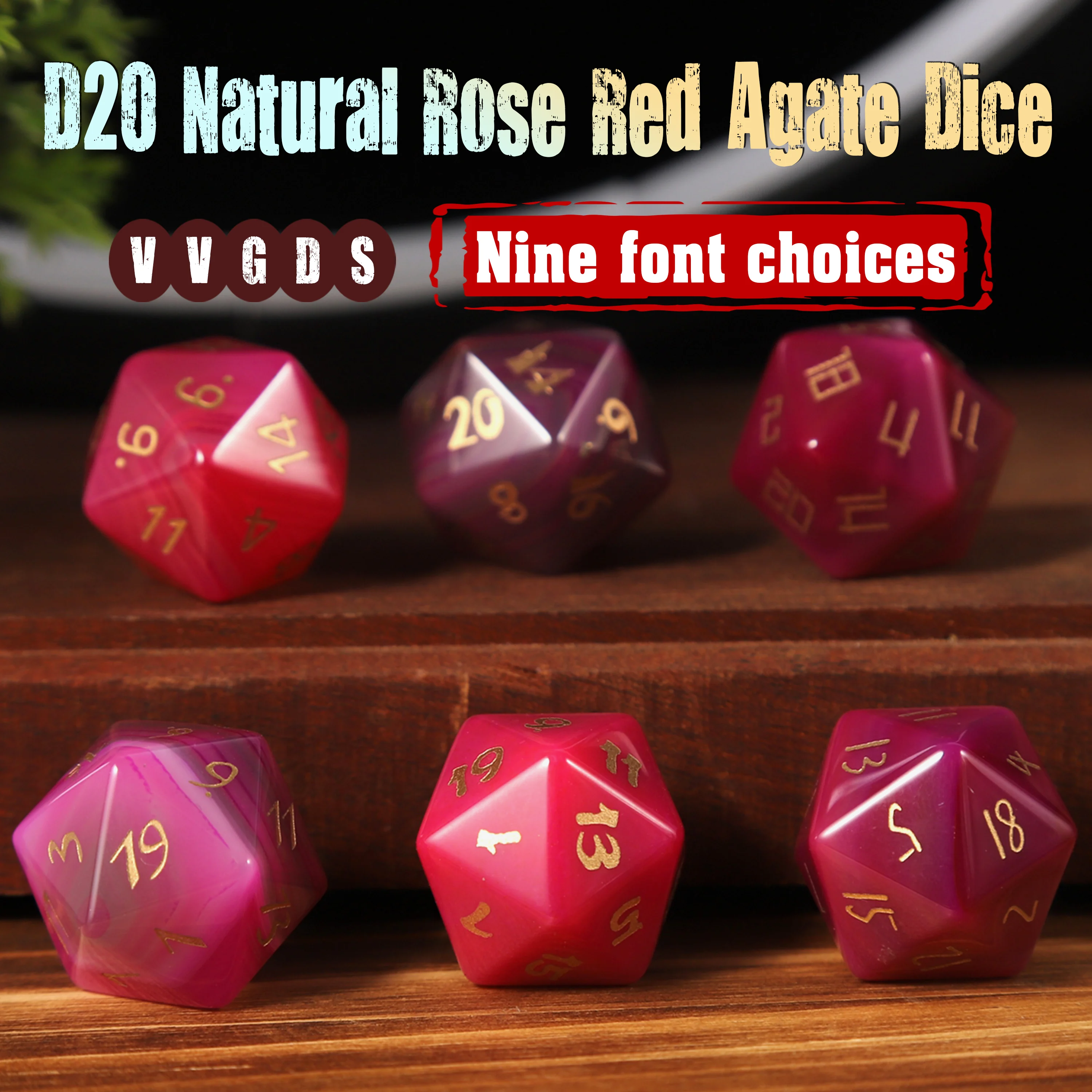 

Натуральный розово-красный агат D20, многогранные игральные кости с драгоценными камнями и 9 различными шрифтами для настольных игр DND RPG, уникальные игровые подарки