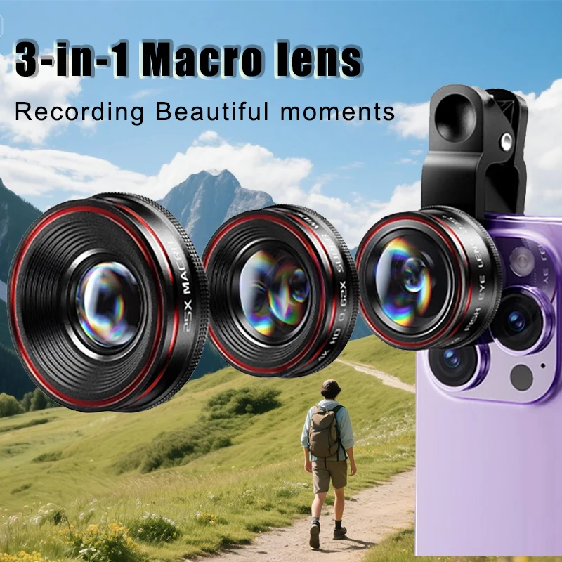 

Mobile phone external lens kit with clip wide-angle/25X macro/ fisheye camera lens for photography Compact and portable 3-in-1