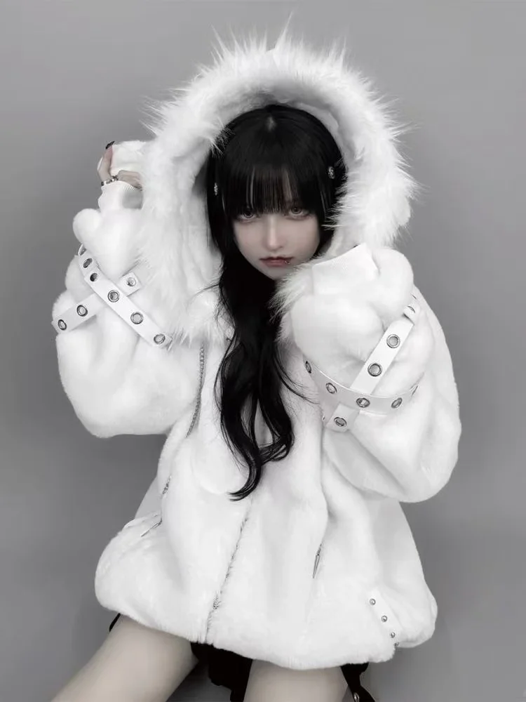 Dark Black Punk Eco Hooded Fur Women's Winter Thicken Coat Girls Oversized Warm Jacket Harajuku Street Y2K Overcoat with Hat