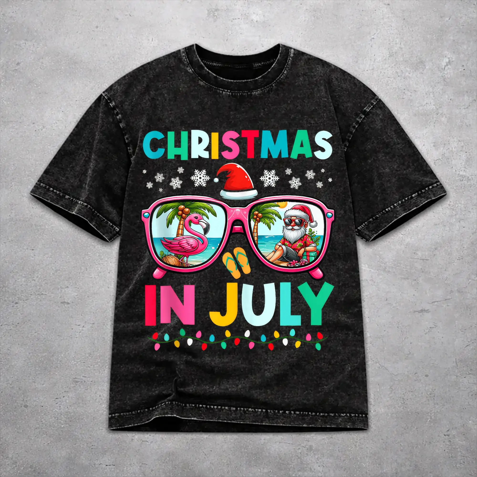 Men Women Harajuku Washed T-shirts Christmas In July Vacation Printed Shirt Outfit High Street  Tees Tops