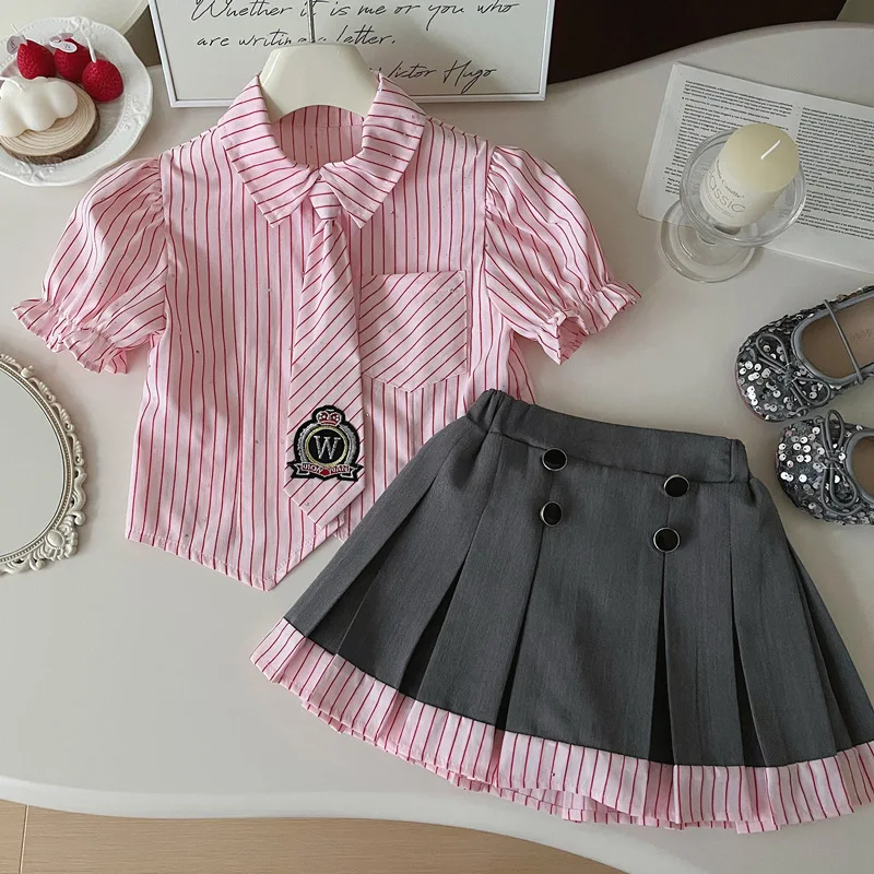 

Girls' Preppy Style Suit Summer2024Children's Western StylejkUniform Baby Girl Shirt Pleated Skirt Two-Piece Set