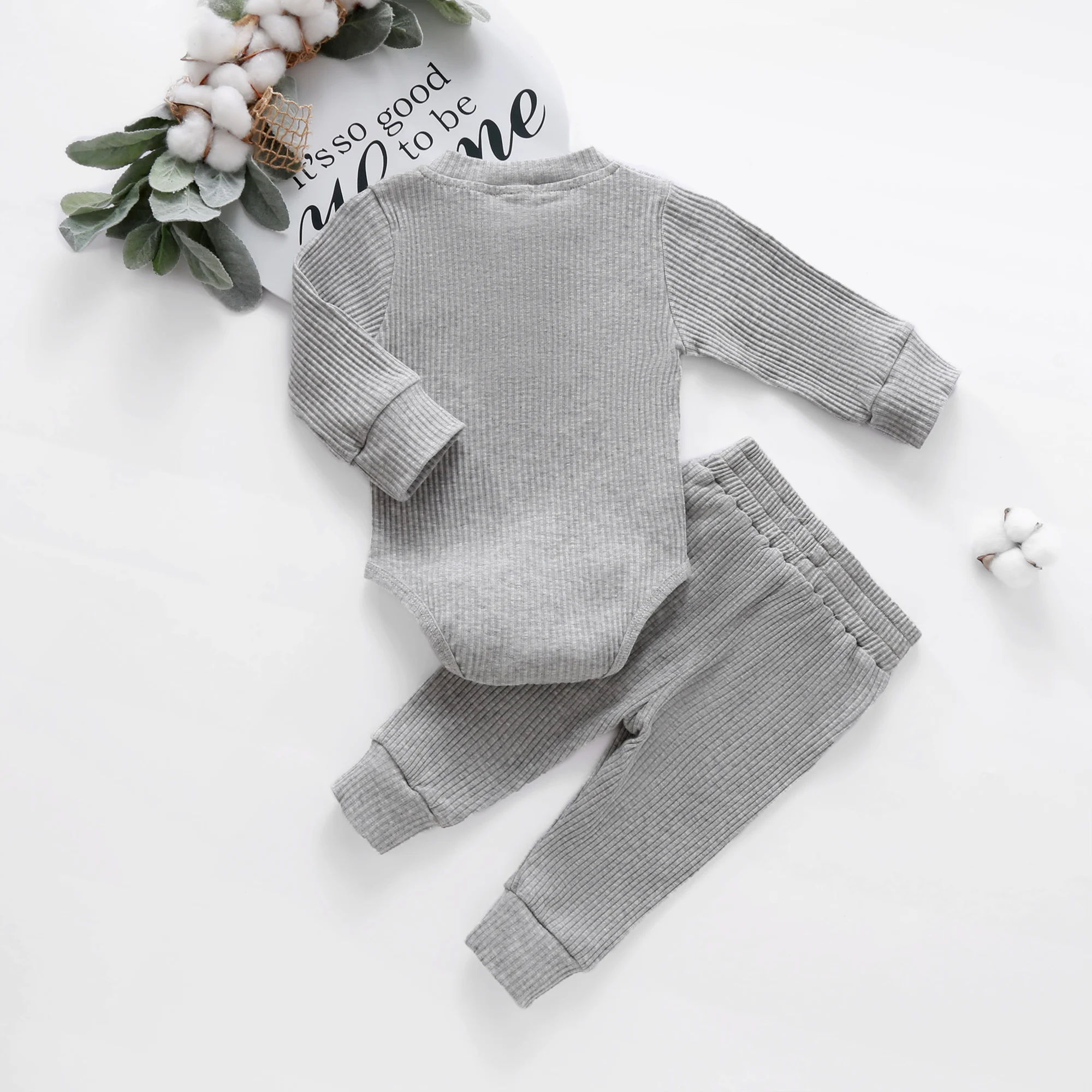 Newborn Unisex Baby Fall Winter Clothes Long Sleeve Romper Tops and Casual Pants Infant 2Pcs Outfits Set