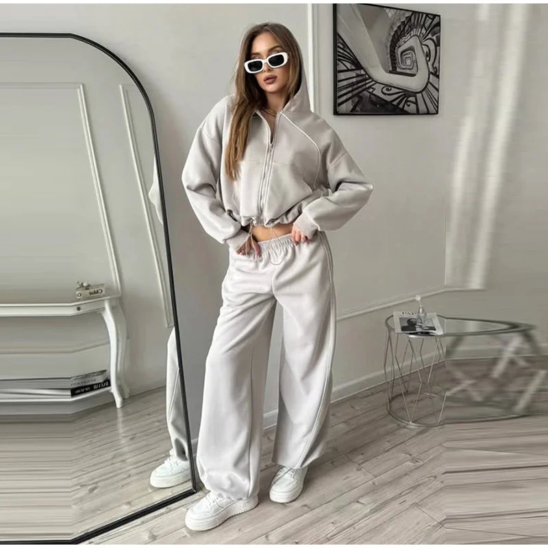 Damen-Hosen 2-teiliges Set: Kapuzenjacke mit langen Ärmeln und Reißverschluss, elastische Taille, weit geschnittene Hose, schicke Damen-Sportbekleidung, neues Herbst-Outfit. – Detail 12