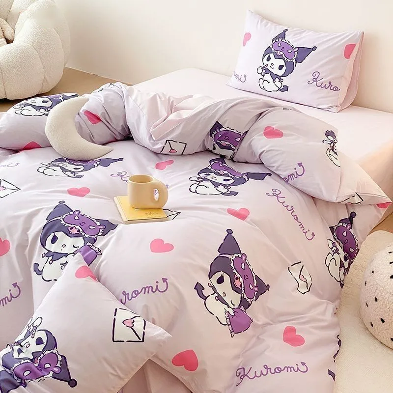 Kuromi Anime Duvet Cover Cartoon Cinnamoroll Bed Three-Piece Set Cute Hello Kitty Bedding Quilt Cover Pillowcase Children Decor