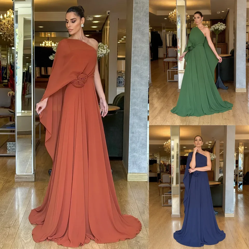 

2026 New Asymmetric Shoulder Draped Chiffon Party Dress Loose Flowy Hem Fashion Multi Color Optional
