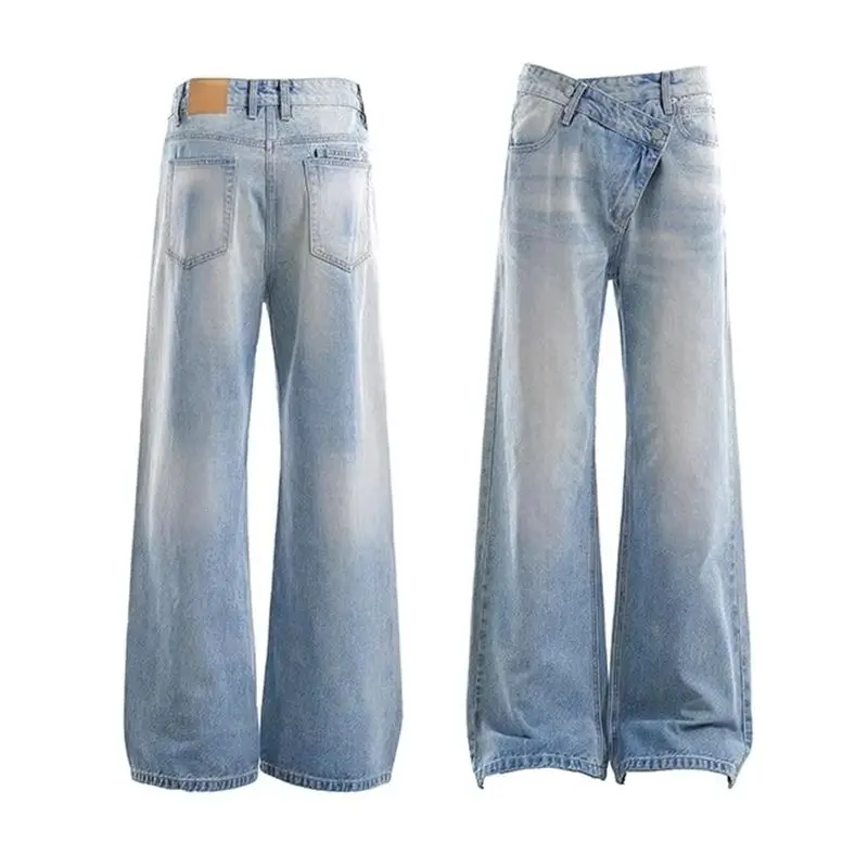 Y2K Dames Vintage Jeans Amerikaanse Retro Gewassen Denim Onregelmatige Taille Rechte Pijpen Fashion Design Broek