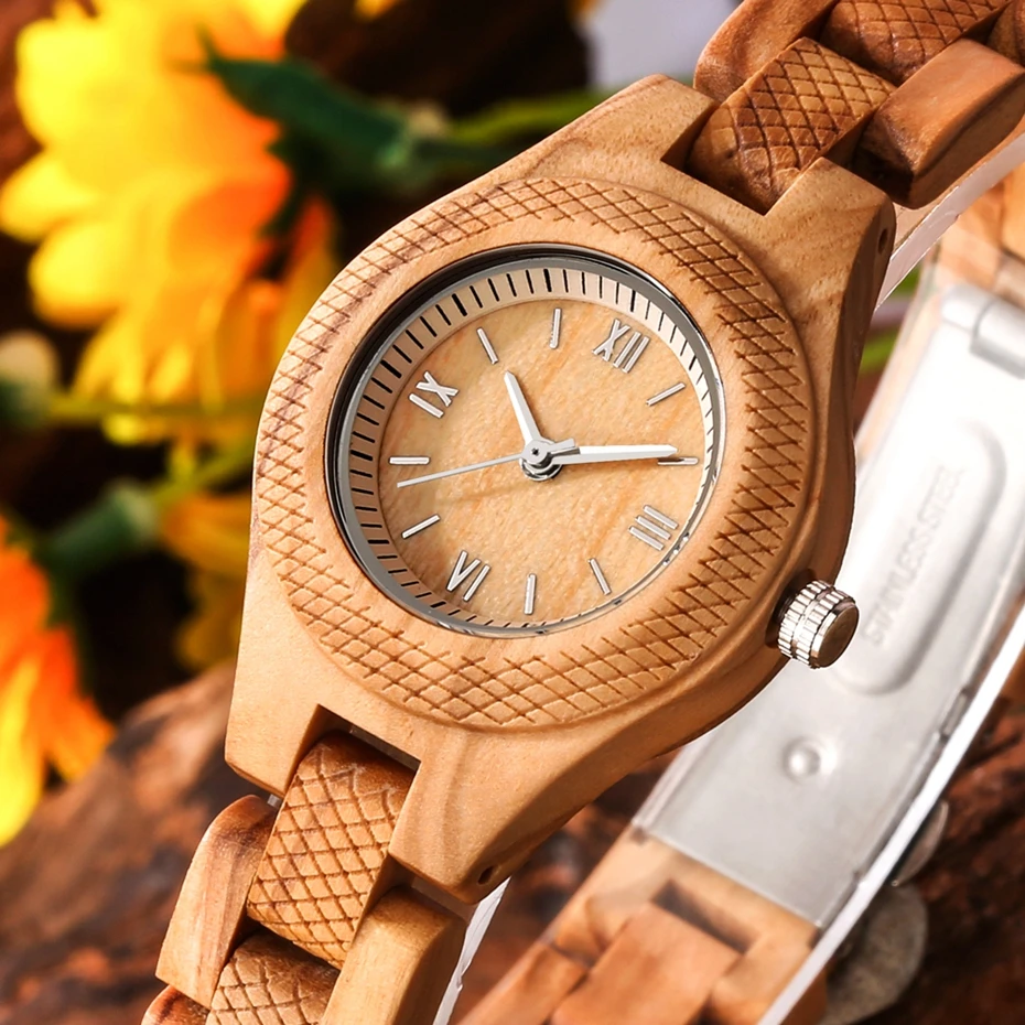 Women Watch Olive Wood Silver UP Stud Roman Numerals Literal Ladies Dress Quartz Watch Full Wooden Slim Adjustable Bangle Clock