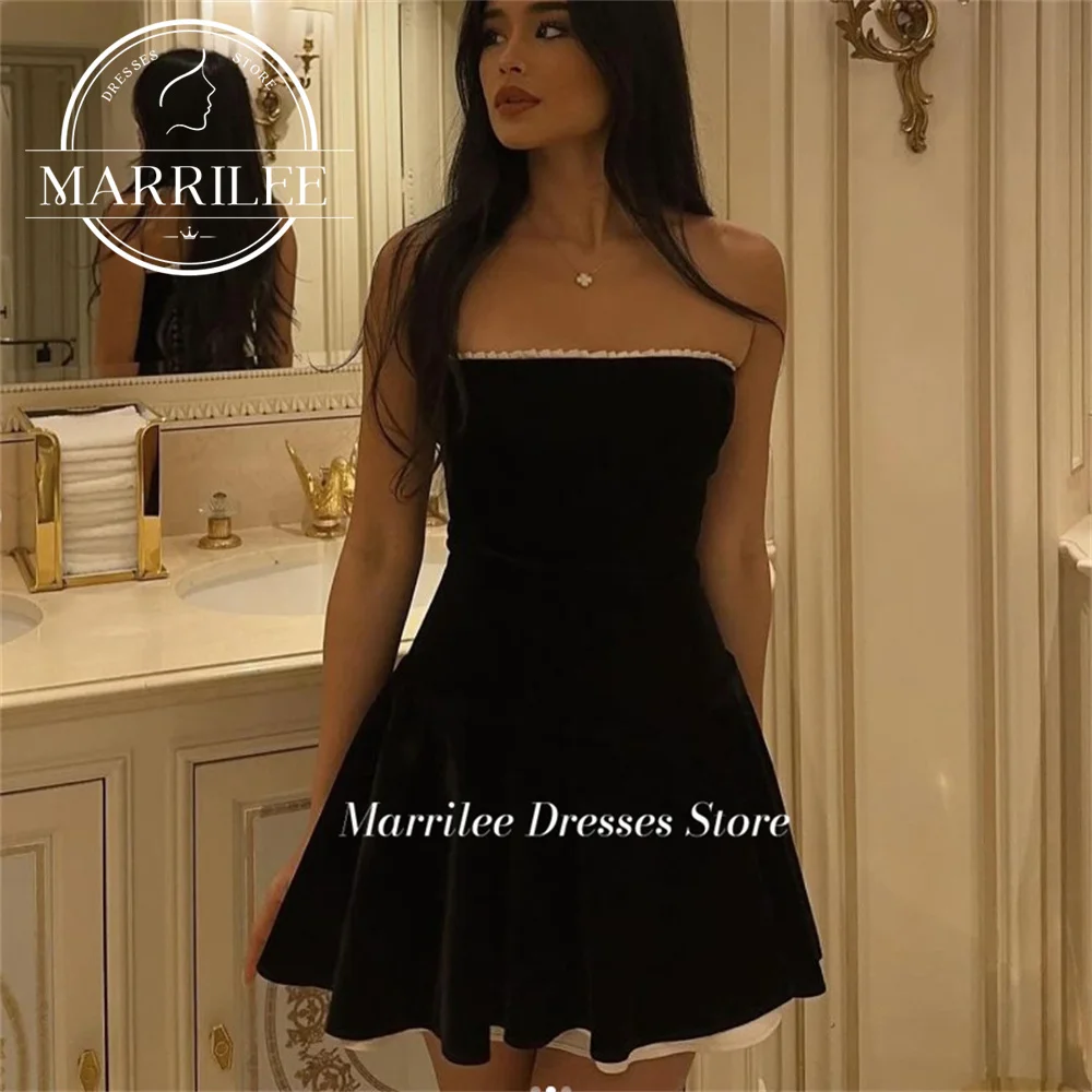 Marrilee CustomizedSexy Black Short Strapless A-Line Stain Evening Dresses Mini Simple Sleeveless Above Knee Backless Prom Gowns