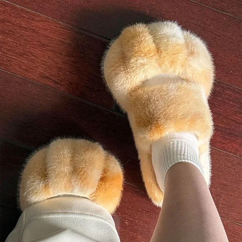 

Kawaii Cat Paw Slippers Fashion Imitation of Otter Rabbit Hair Fluffy Slippers Women Comfort Flat Heel Plush House Warm Shoes