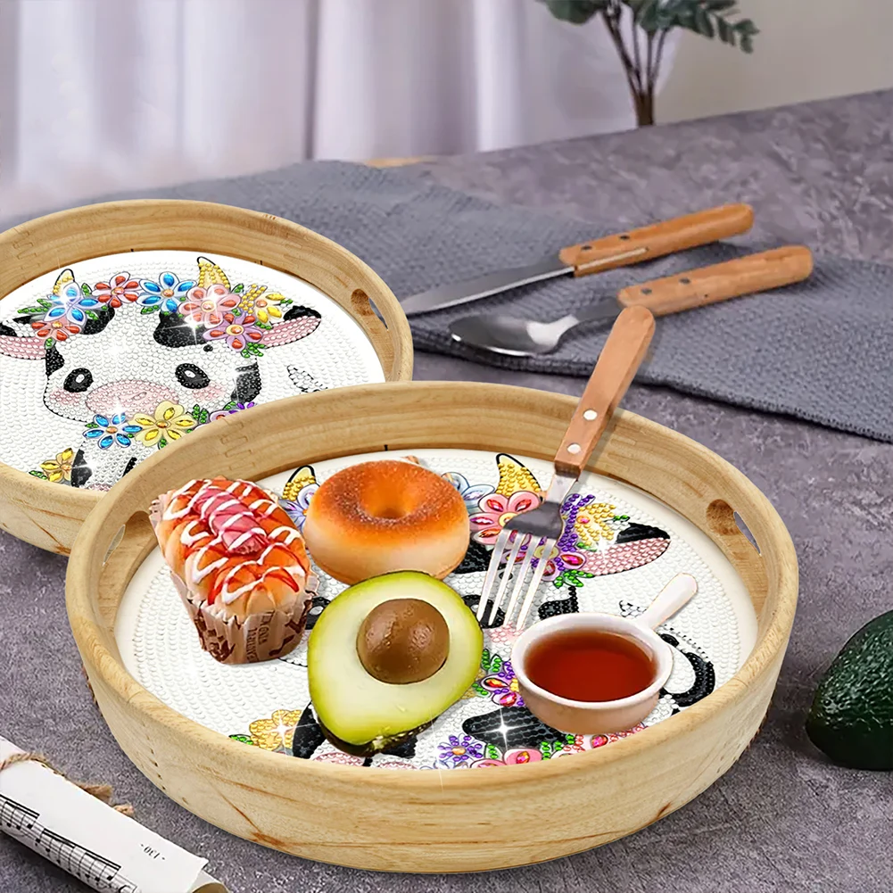 5D DIY Diamond Painting Serving Tray Wooden Animal Colorful Diamond Food Dinner Plate Round Diamond Decorative Serving Tray