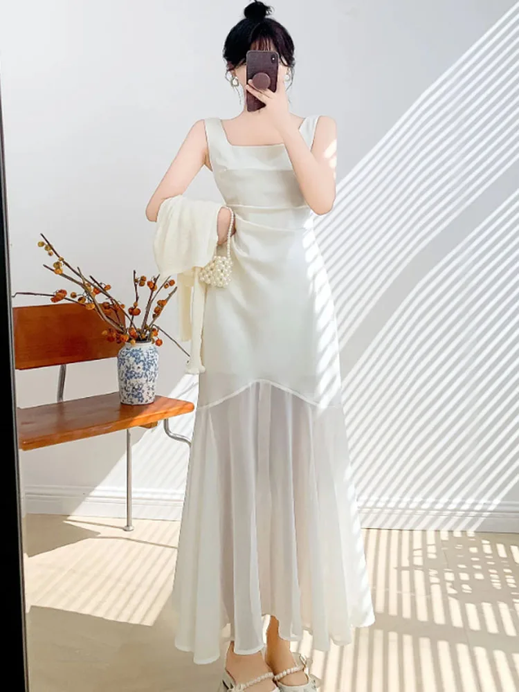 여성 우아한 화이트 새틴 베스트 이브닝 파티 드레스 섹시 루치드 슬림 여성 쉬폰 스플라이싱 러플 머메이드 드레스 2025