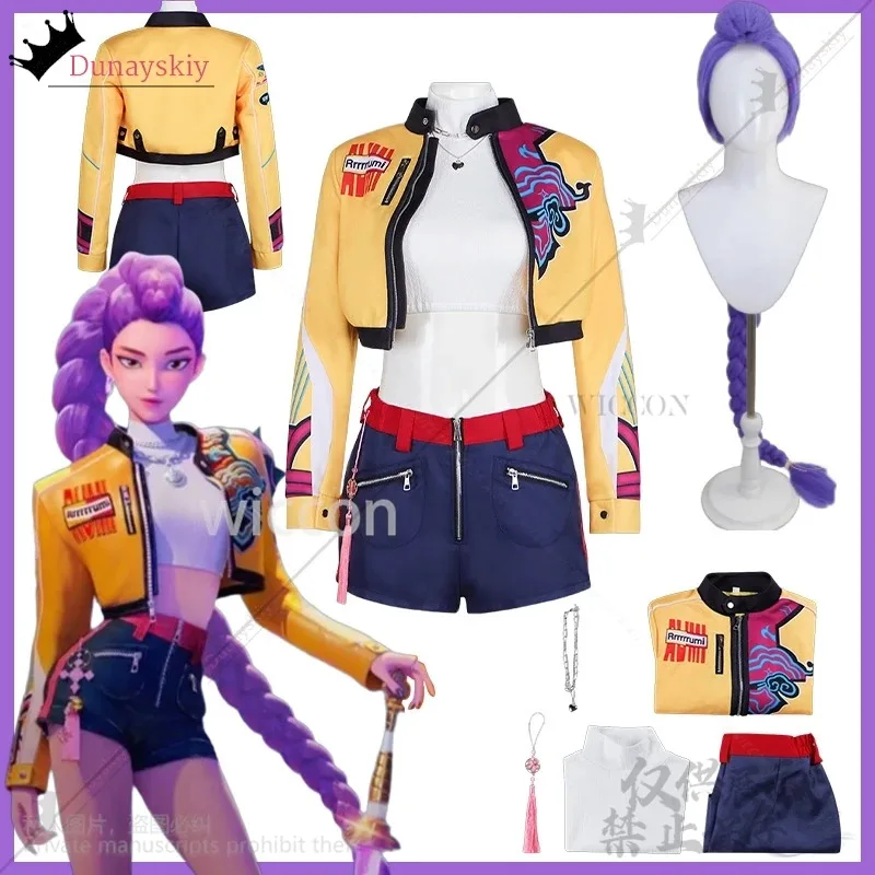 

lili 123Rumi Kpop Girl Group Cosplay Anime Movie Demon Singing Costume Yellow Punk Y2K Coat Short Pants Long Wigs Halloween Part