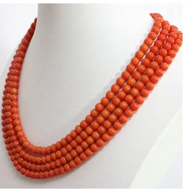 Beautiful 4 rows pink orange red 6mm round beads artificial coral chain amazing women high grade necklace jewelry 18-22inch