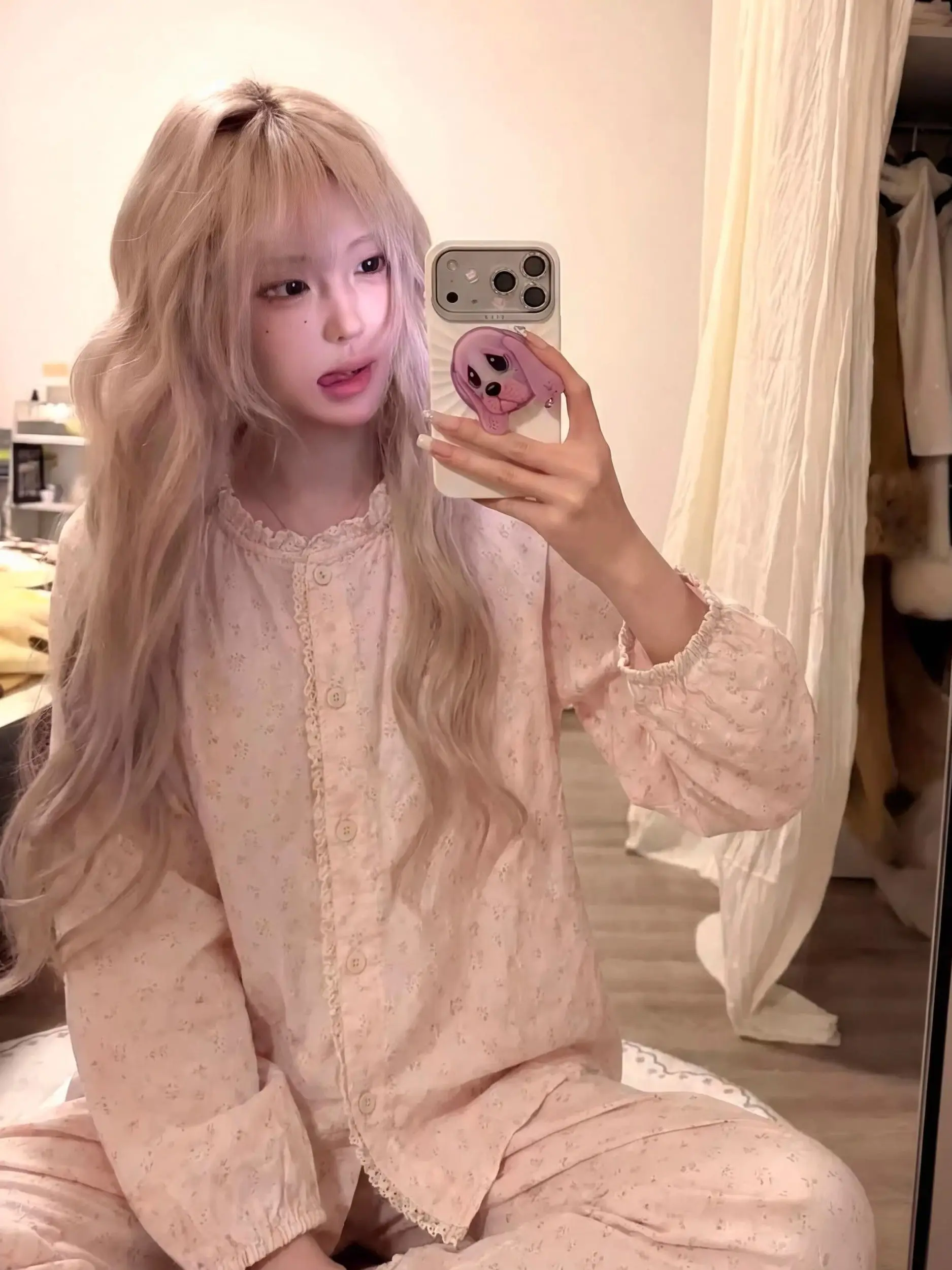 

Spring Autumn Cloud Cotton Sleepwear Women Long Sleeve Long Pants Pink Floral Lace Trim Sweet Home Clothes Set Casual Outfit
