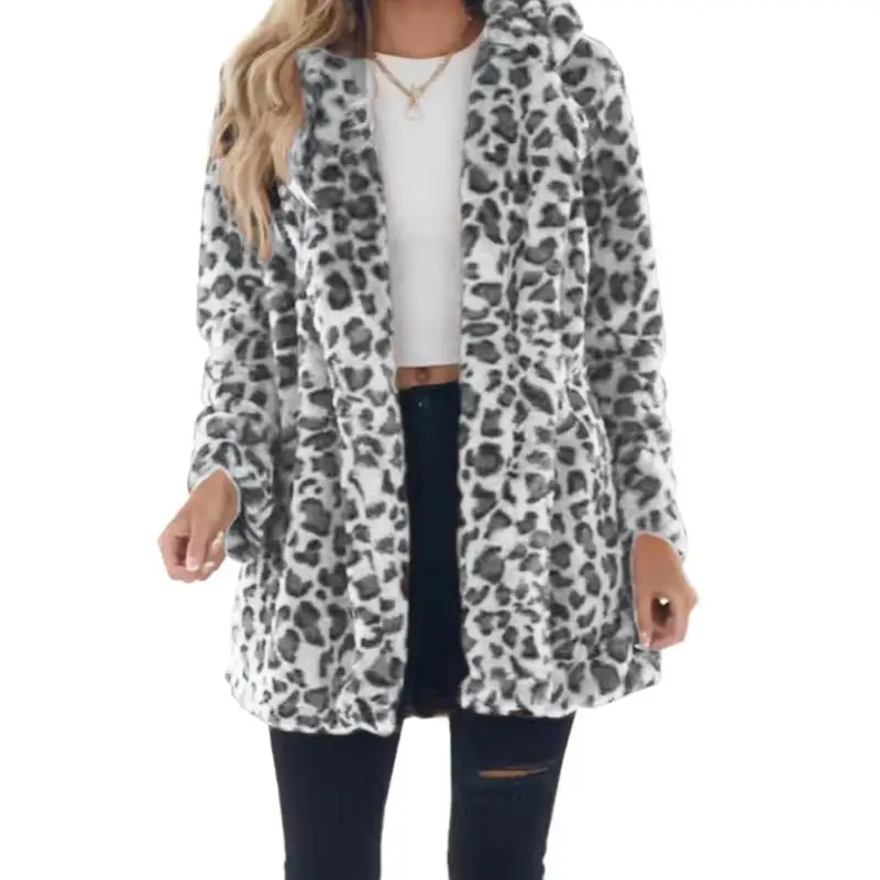 سترة نسائية عصرية للخريف والشتاء بطبعة الفهد 2025 معطف فرو مقلد أنيق مع جيوب ملابس خارجية فضفاضة من الفرو