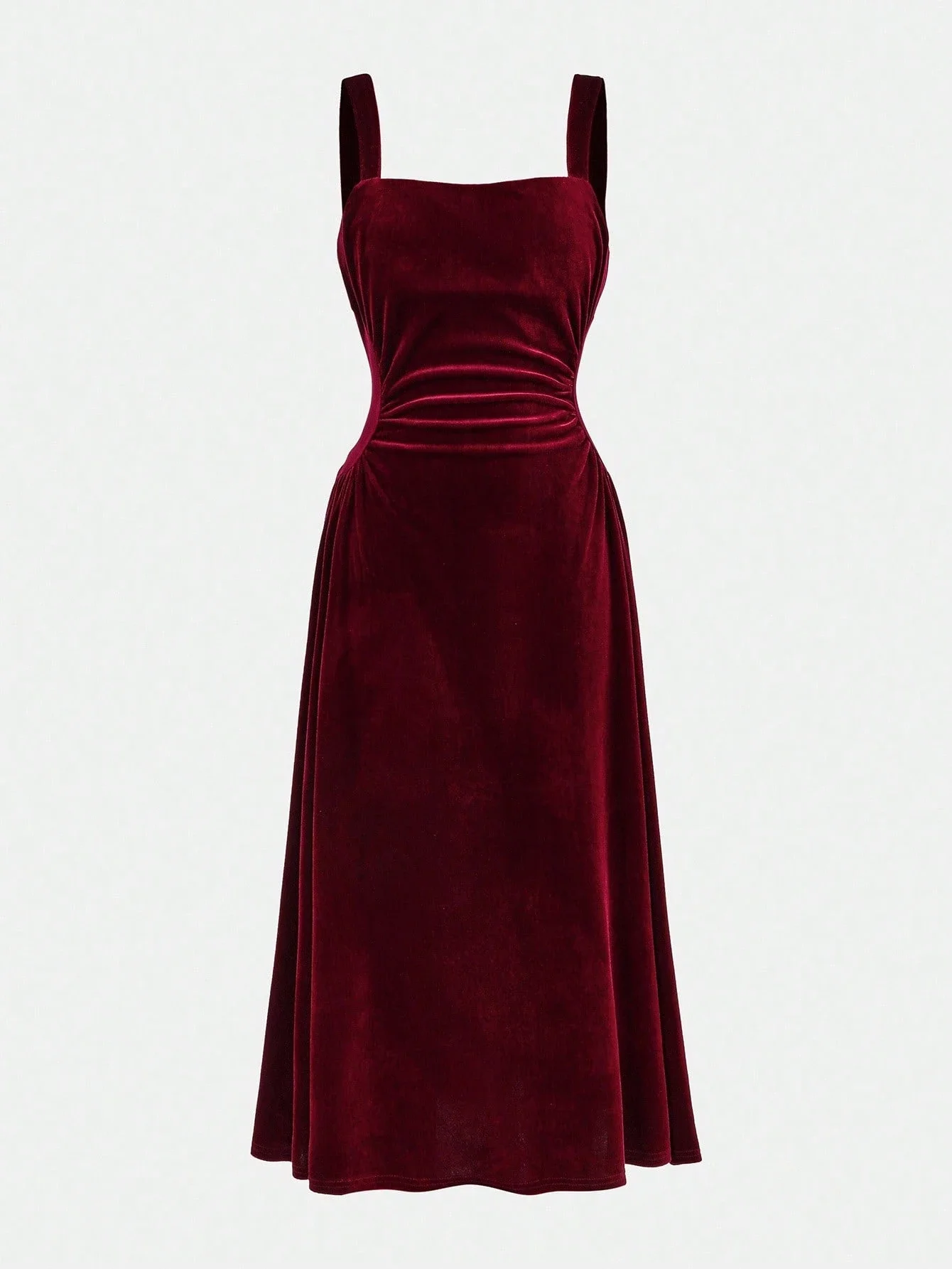 

Элегантное вечернее платье из бархата с квадратным вырезом, драпировкой и тонкими бретелями, бордовое