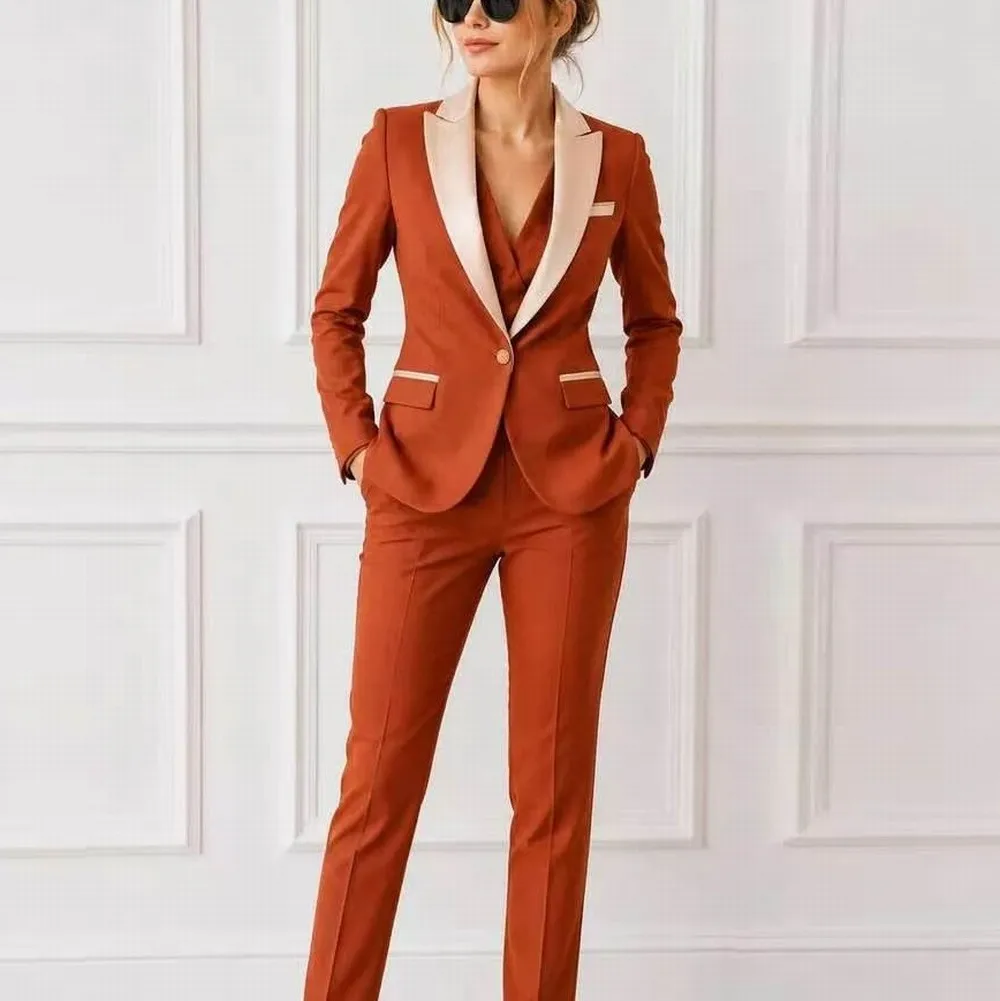 Traje Formal Naranja con Cuello Beige para Mujer, Traje de Negocios, Boda, Fiesta, Graduación, Madre de la Novia, Esmoquin, Conjunto de 3 Piezas, Blazer, Chaleco y Pantalones