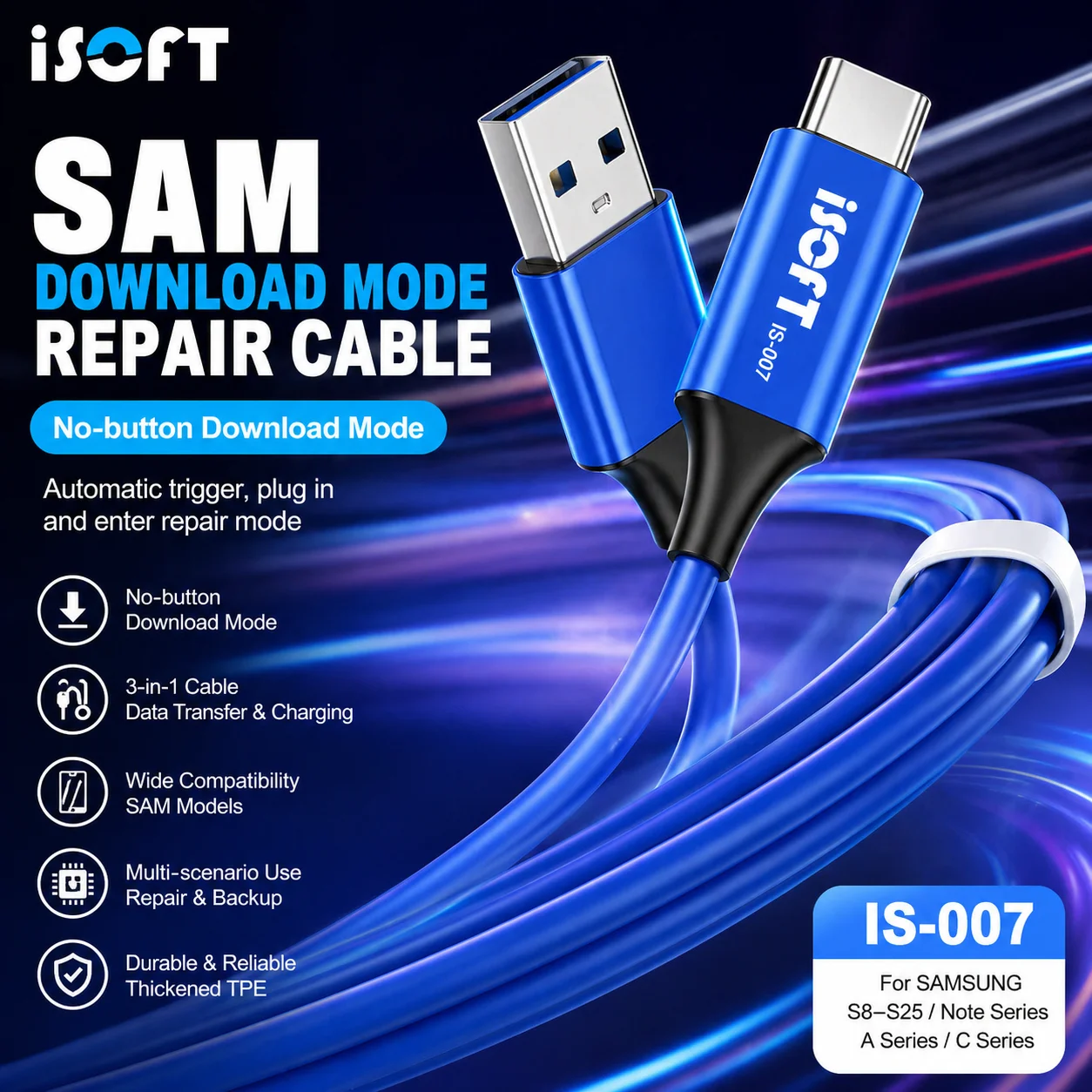 Кабель ISOFT IS-007 SAM для загрузки в режиме Plug-and-Play с USB на Type-C, встроенный триггер для Samsung S8-S25, Note Series и других серий