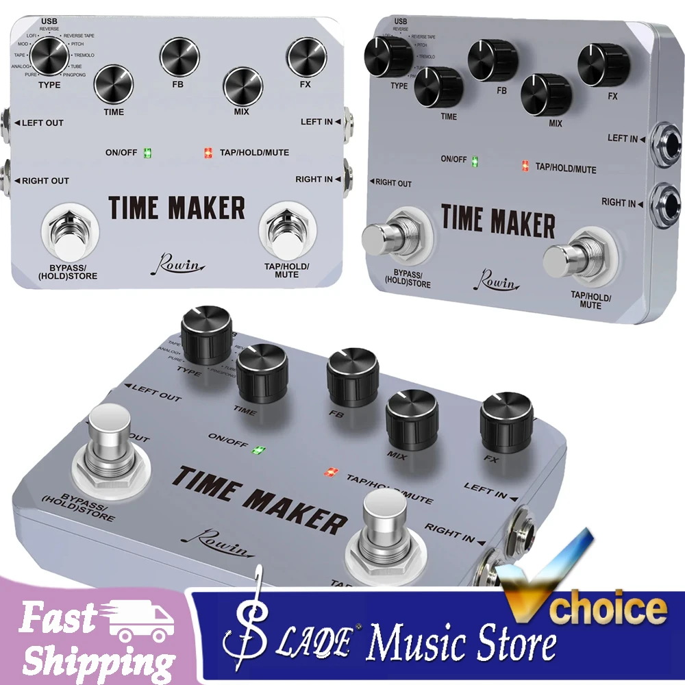 Rowin Ultimate Delay Time Maker Dual-foot Switch 11 Types Delay Effects Pedal Tap Tempo Function for Bass Guitar Parts