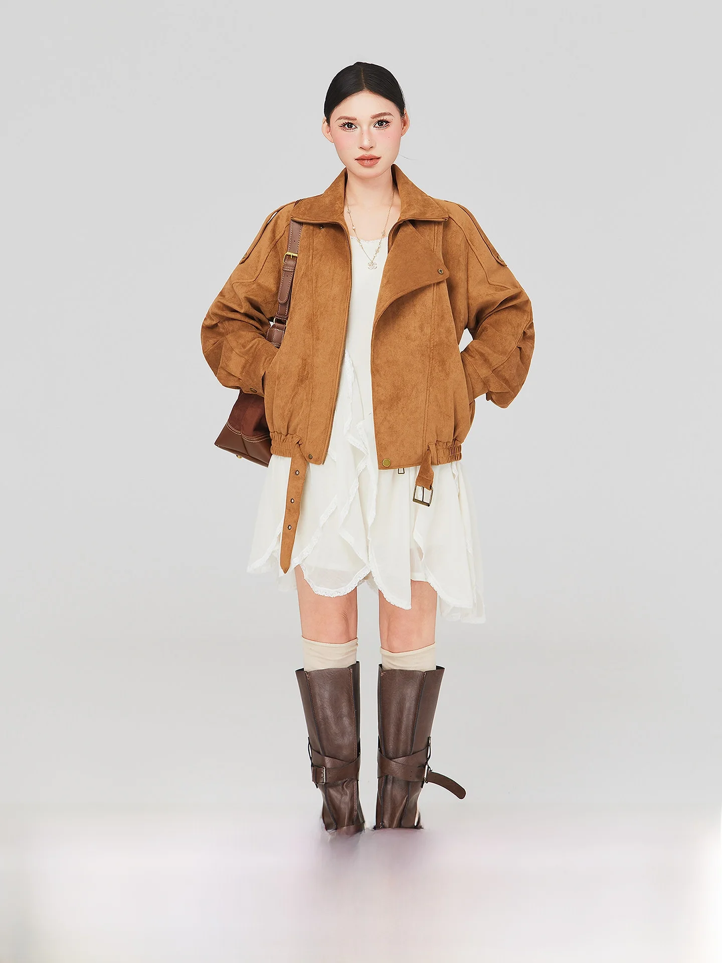 

Spring Faion plus Size Women's Suede Jaet And White ter Dr Set Korean Sle Loose Fit High Waist Casual Wear