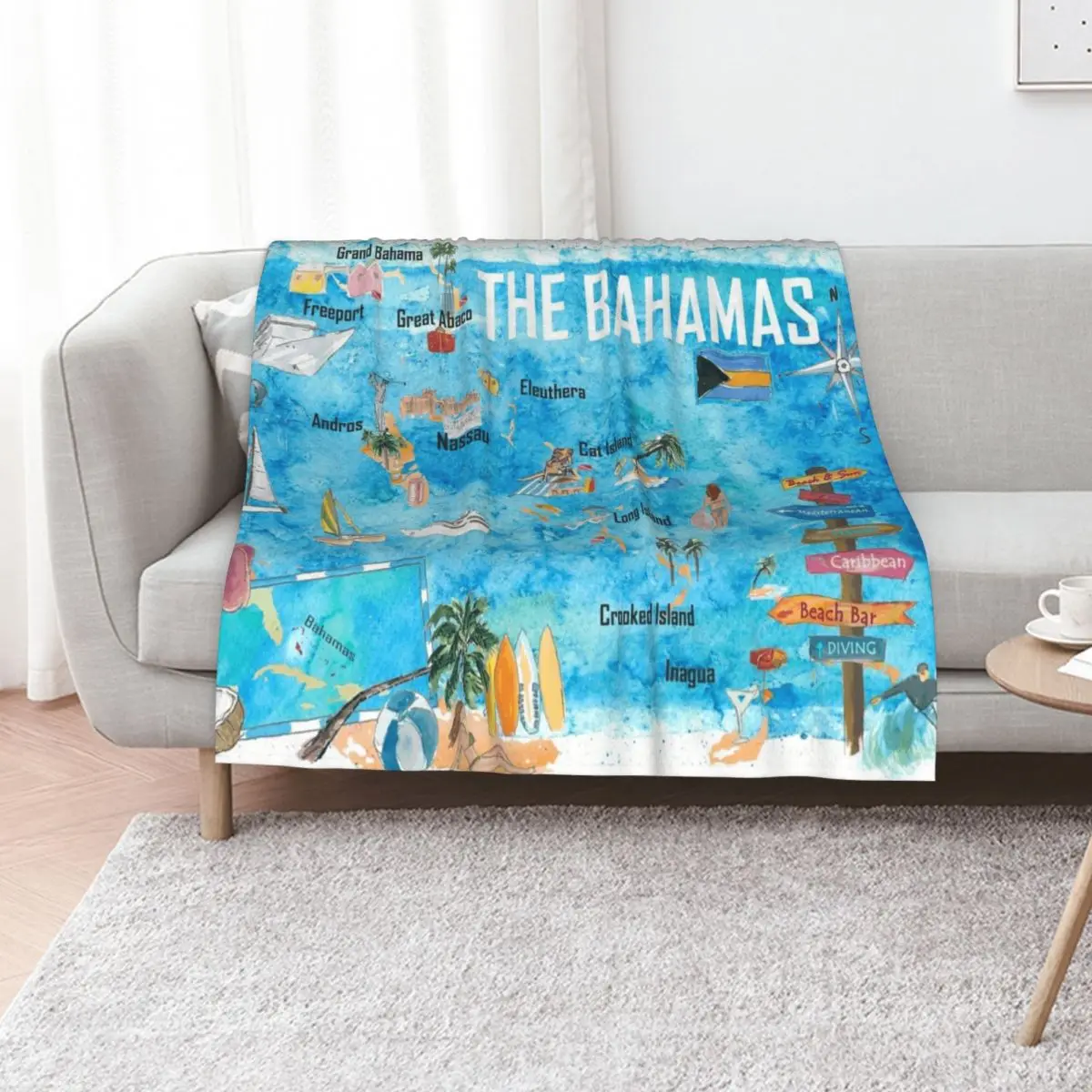 The Bahamas Illustrated Map with Main Roads Landmarks and Highlights Throw Blanket Comforter Quilt Blankets