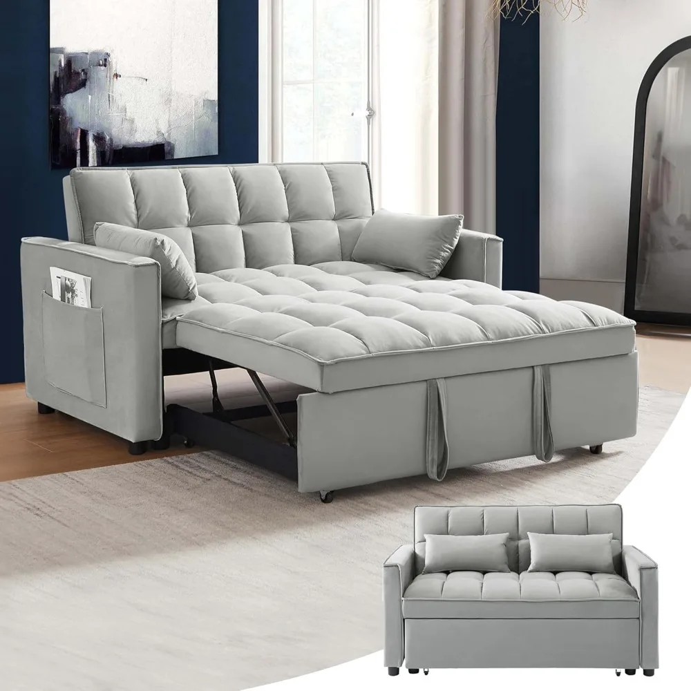 Bed, 55'' 3-in-1 Sleeper Loveseat 2-Seater Pull Out Couch, Velvet Futon Adjustable Backrest, Reclining Sofa Bed, Bed