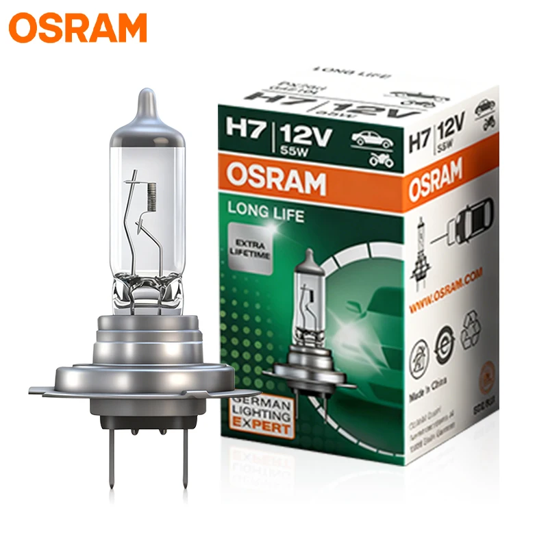 Lâmpada Halógena Automotiva OSRAM 64210L LONG LIFE H7 12V 55W PX26d Padrão Hi/Lo Beam 3200K Branco para Farol de Carro e Luz de Neblina H7 OEM 1/2pçs
