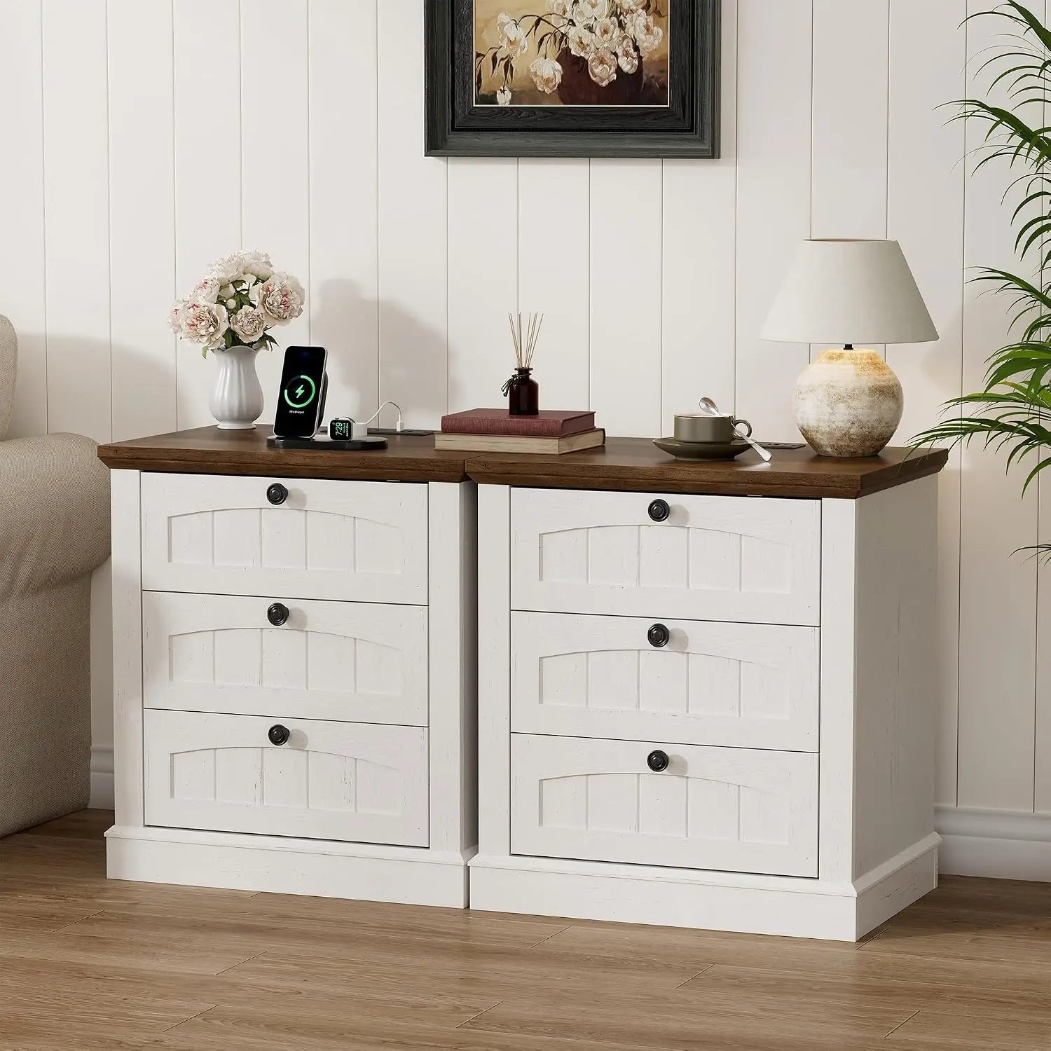 Farmhouse Nightstand Set of 2 with Charging Station & 3 Drawers, 23.6