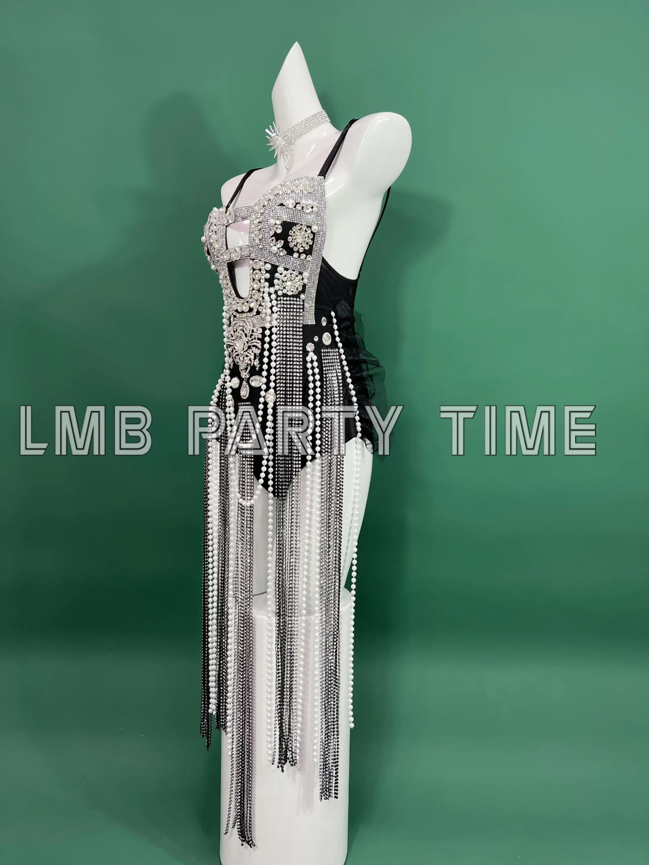 Bar Nightclub DJ Dancer Sexy Stage Wear Sparkly Rhinestone Beading Tassel Bodysuit Leotard Women Singer Team Performance Costume