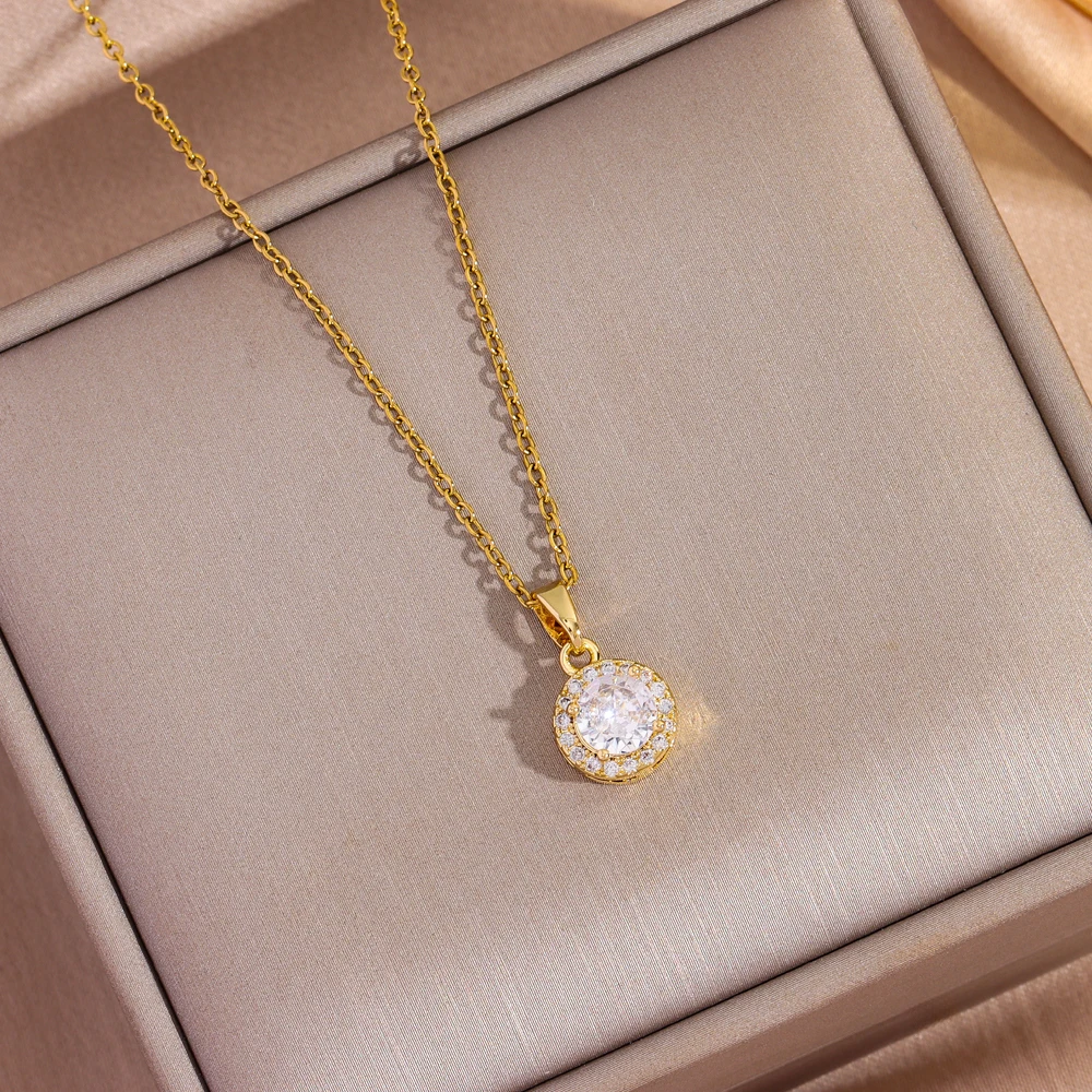 Neue 18K Gold Überzogene Zirkon Kristall Anhänger Halsketten Für Frauen Weibliche Täglichen Verschleiß Edelstahl Hals Kette Schmuck Mädchen geschenk