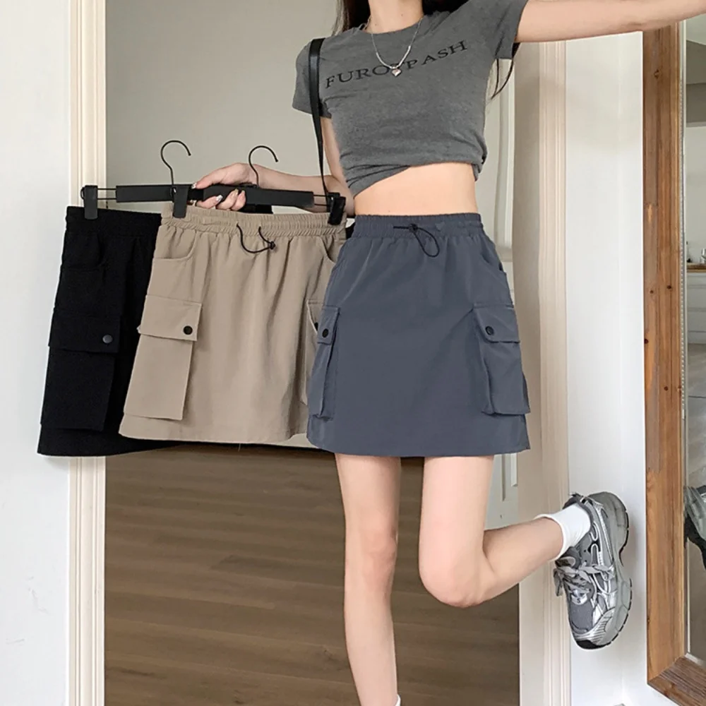 Summer Lightweight Thin Drawstring Safety Shorts Skirt American Style High Waist Slim Women's A-line Cargo Skirts With Pockets