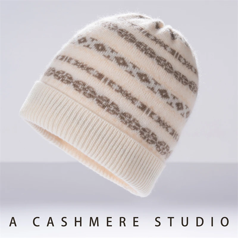 MVLYFLRT Women's Premium 100% Cashmere Jacquard Knitted Hat Flip up Warm Cold Fashion Christmas Autumn Winter New Hat