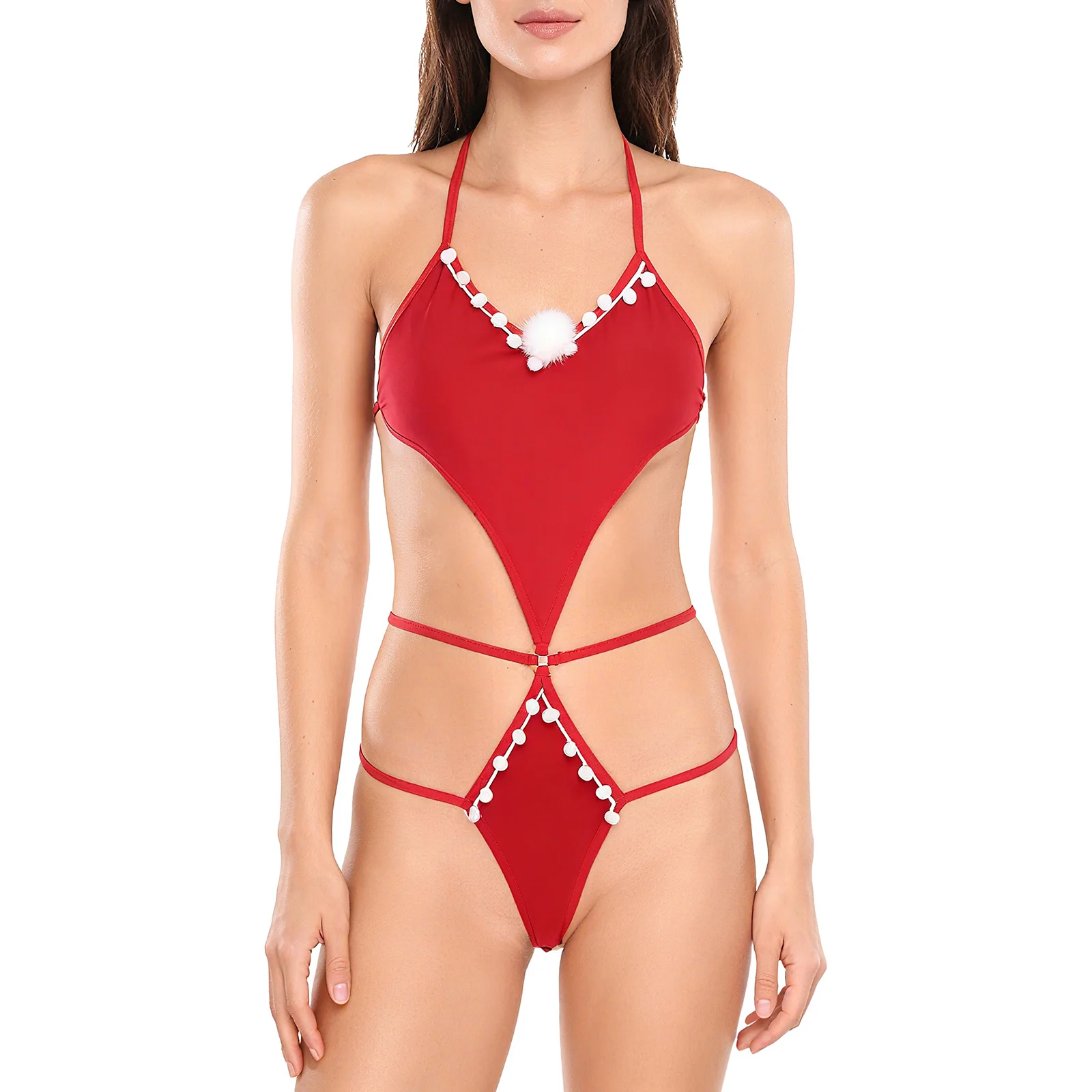 النساء عيد الميلاد المخملية الملابس الداخلية الدمى زي الدانتيل متابعة ارتداءها أو مجموعة البكيني Pompom ديكور ملابس نوم لعيد الميلاد عشية زوجين ألعاب