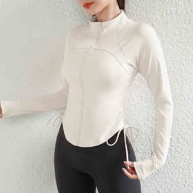 Women Clothes  Full Zip Drawstring Sports Top Long Sleeve Gym Fitness Short Jackets Women Yoga Jacket