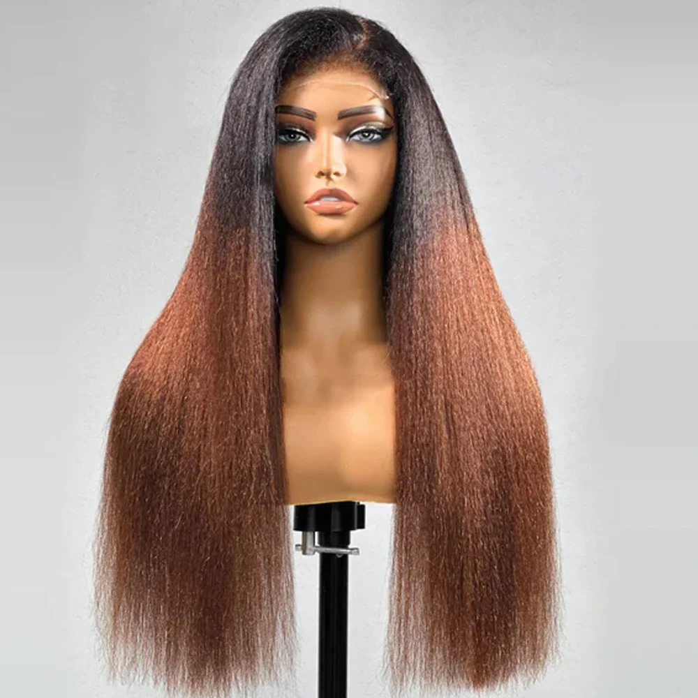 

Бесклеевой длинный 26-дюймовый 180-плотность Ombre Blonde Yaki Kinky Straight Глубокий парик фронта шнурка для женщин с детскими волосами предварительно выщипанные ежедневно