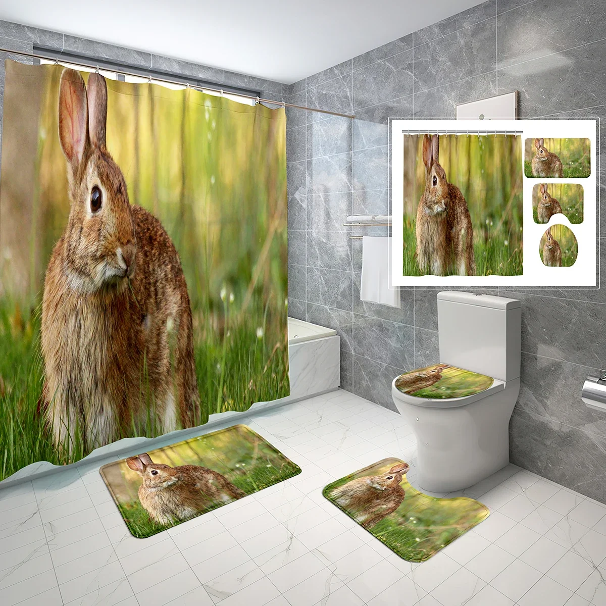 Funny Bunny Shower Curtain Set Rabbit In The Grass 4 Pcs Shower Curtain Bathroom Non-Slip Bath Mat Toilet Cover Curtain Set