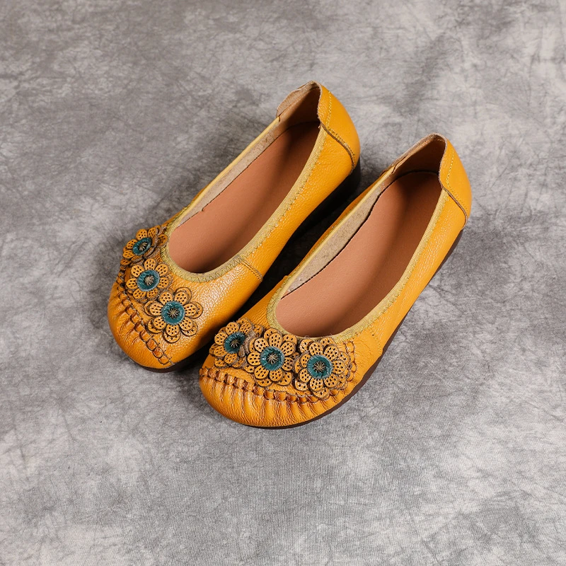 Boho Vintage Echtleder-Ballerinas für Damen, Blumenmuster Slip-On Fahr-Mokassins, Weiche Ethnische Retro-Schuhe, Flache Schuhe für Mütter – Detail 14