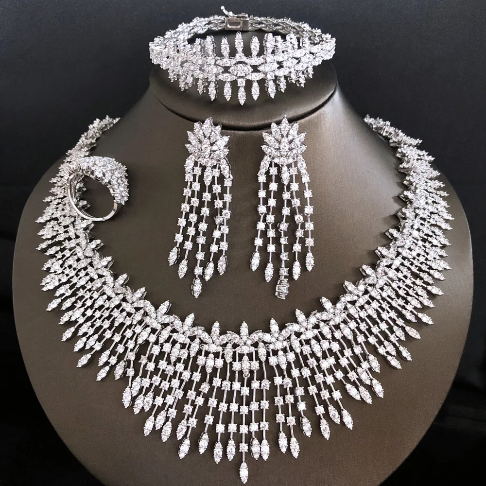 Missvikki New Luxury Fashion Shiny 4PCS Jewelry Set For Women Wedding Party Naija Bride Necklace Dubai Bridal Dress Jewelry Set