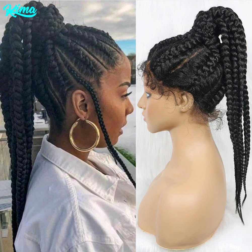 KIMA Synthetic Updo Braided Wigs Lace Front Wig 8 Dutches Ponytails Braids with Baby Hair for Black Women