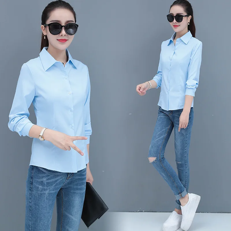 Korean Fashion Blue Women\'s Shirt Long Sleeve Blouse Formal Shirt Slim Female Working Clothes Elegant Ladies Tos Basic OL Blouse