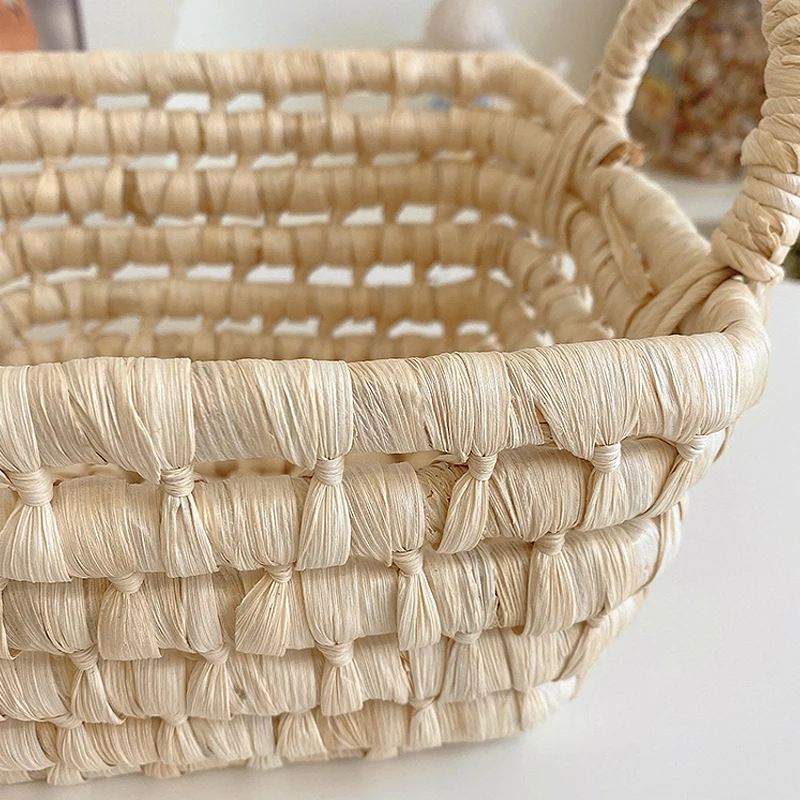 Ins Straw-woven Storage Basket Simple Snack Fruit Storage Basket Desktop Sundries Organizer Cosmetic Organizer Toys Container