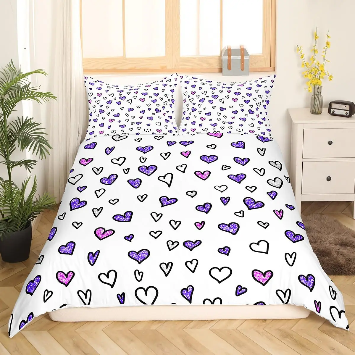 Valentine's Day Bedding Set Doodle Style Little Heart Duvet Cover Purple Red Comforter Cover Love Theme Polyester Quilt Cover