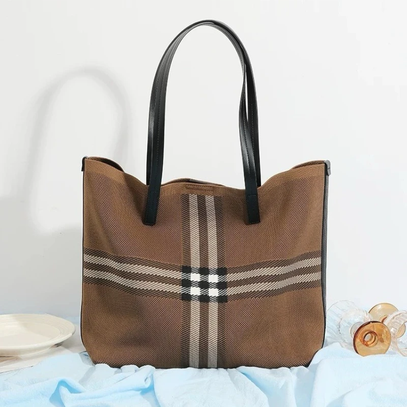 Classic Plaid Tote Bag Women High Quality Knitted Fabric Minimalist Fashion Handbag Large Capacity Elegant Casual Shoulder Bag