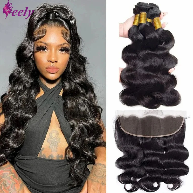 Body Wave Bundels Met Frontale Haar 3 Bundels Met 13X4 Kant Sluiting Onbewerkte Body Wave Hair Bundels Natuurlijke Zwarte Kleur