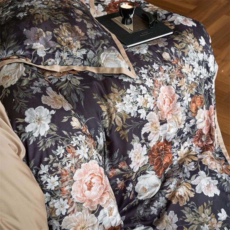 Flowers Prints Luxury Bedding Set Lyocell Cotton Brushed Duvet Cover Flat/Fitted Bed Sheet Pillowcases 4Pcs