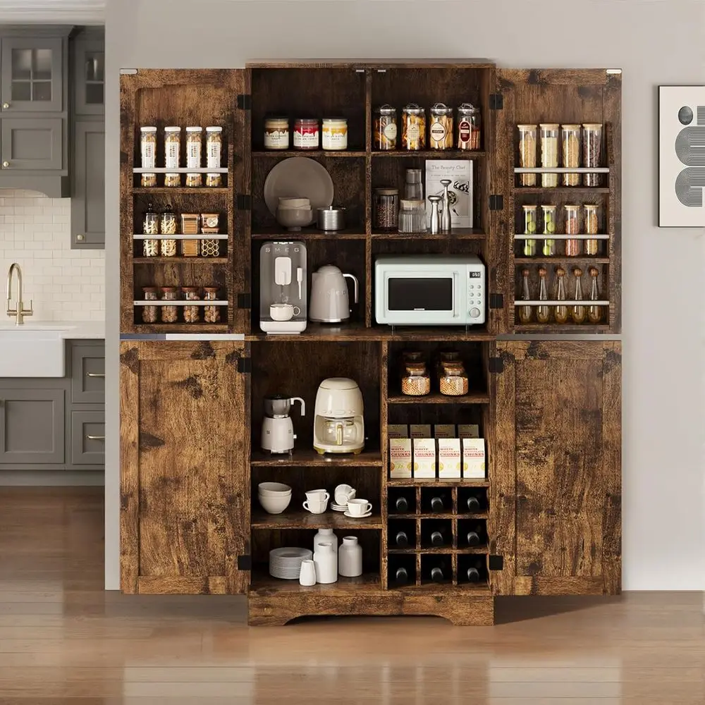 

71 Tall Rustic Wood Kitchen Pantry Cabinet with 6 Shelves, Wine Rack, and Storage for Kitchen or Dining Room